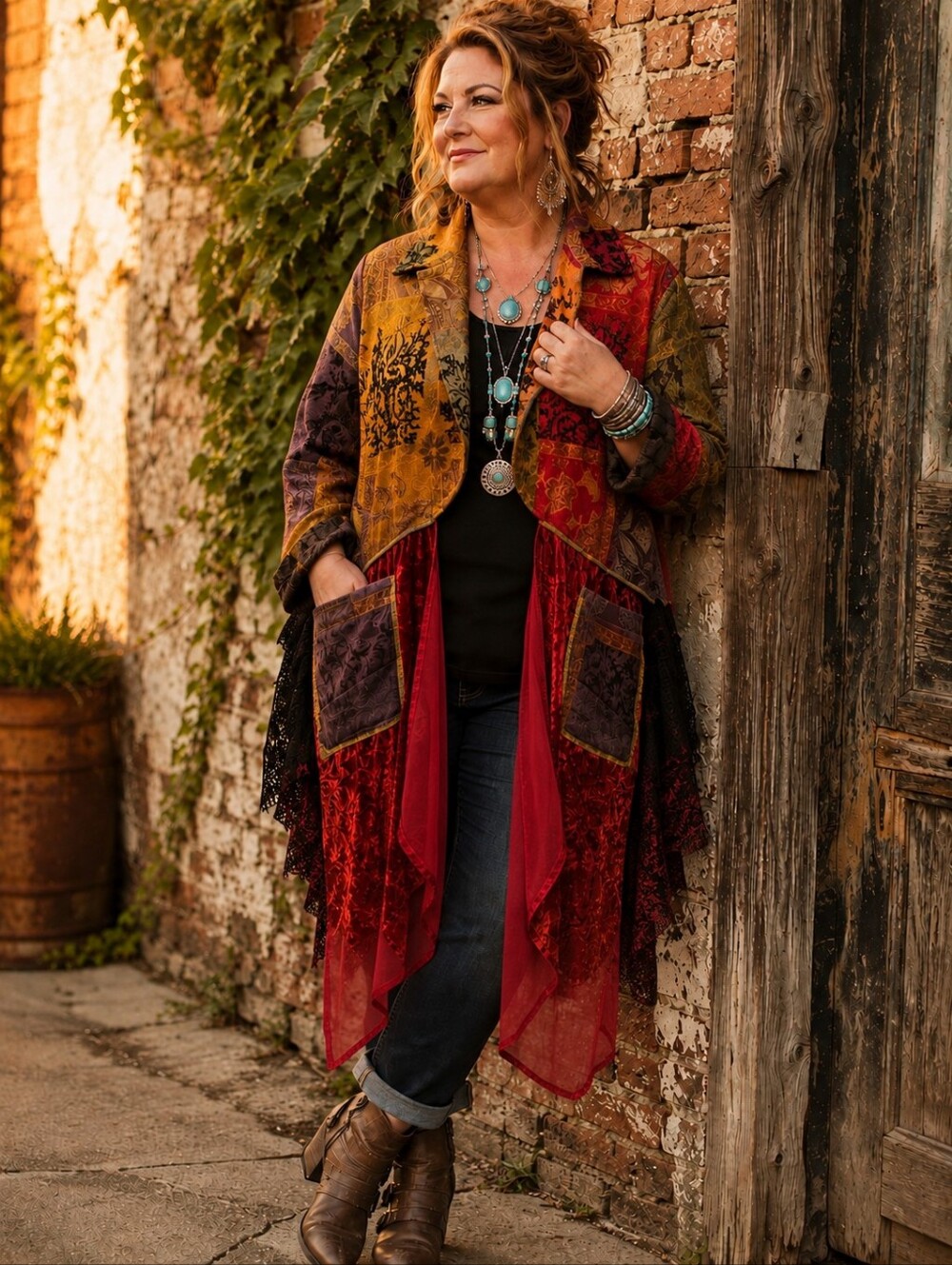 Bohemian Patchwork Open-Front Coatigan in Red, Gold & Green